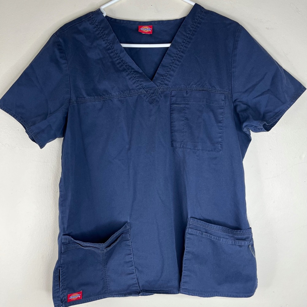 Dickies Scrub Top V-Neck Navy Blue Medical Uniform Short Sleeve 3-Pocket Men M